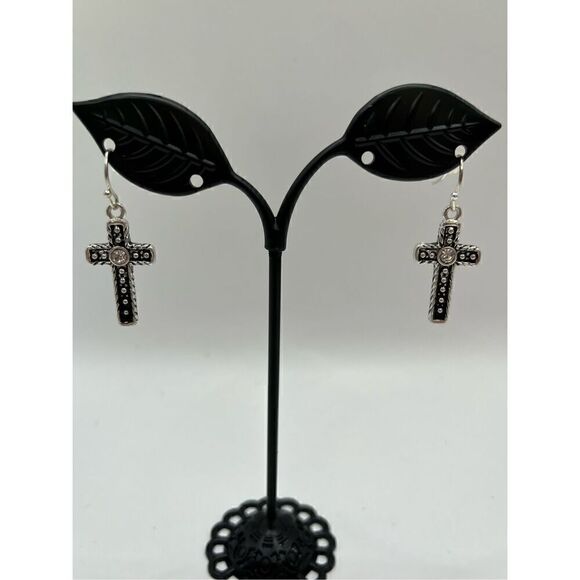 Kim Rogers Cross Silver Tone Antique Textured Dangle Earrings - Picture 6 of 7